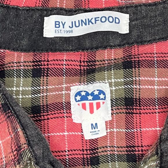 Junkfood Pink Green Plaid Peace Sign Button Down Shirt Medium - Picture 2 of 4